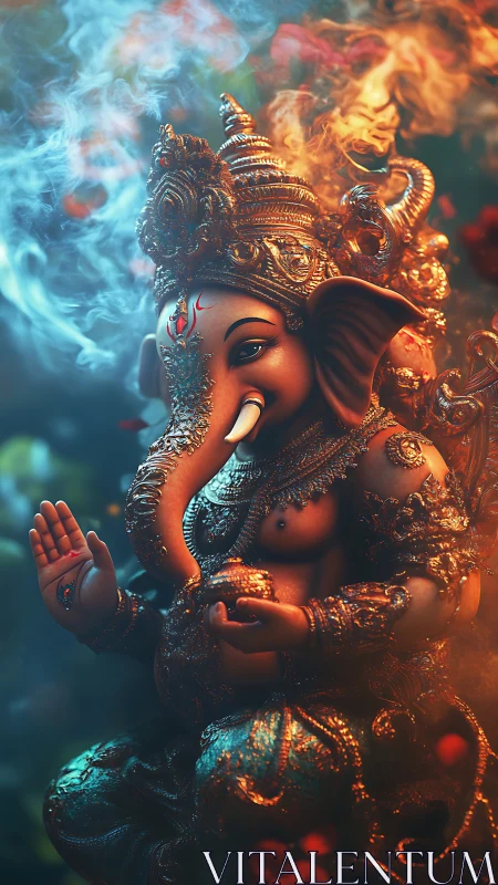 Digital depiction of Ganesha statue with smoke and lighting effects.