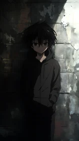 Solitary anime teen in hoodie against worn urban wall.
