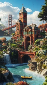 Riverside tower complex with bridge and raft in sunlight.