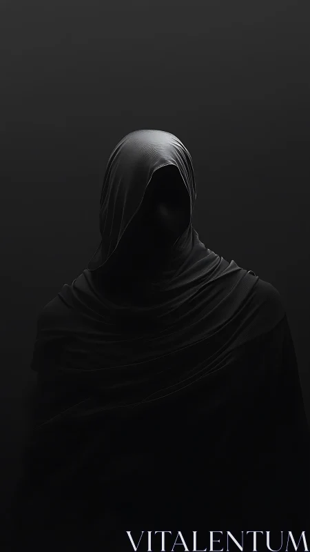 Hooded faceless figure in volumetric low key monochrome lighting