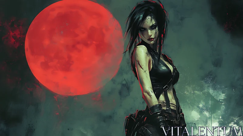 Blood-red lunar backdrop with scarred cyberpunk warrior woman