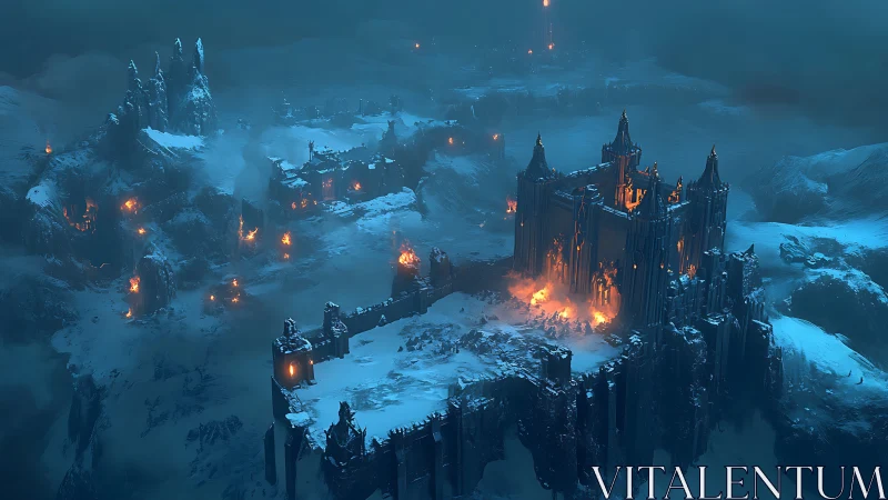Frozen Kingdom Burns: Cathedral Castles Ignite in Twilight.