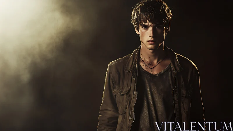 Young male subject in low key, smoke filled studio environment.