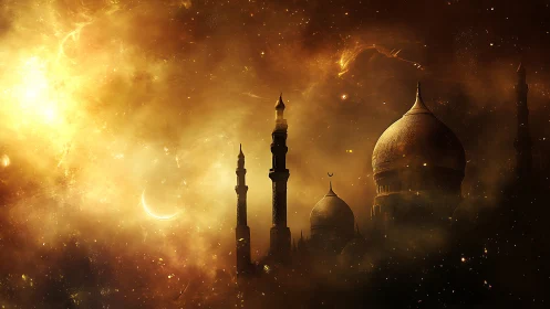 Golden cosmic sky over domed fantasy cityscape at dusk.