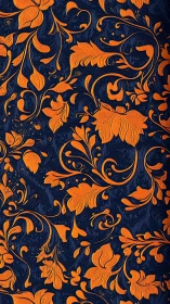 Ornate orange floral vines swirl across deep navy ground.