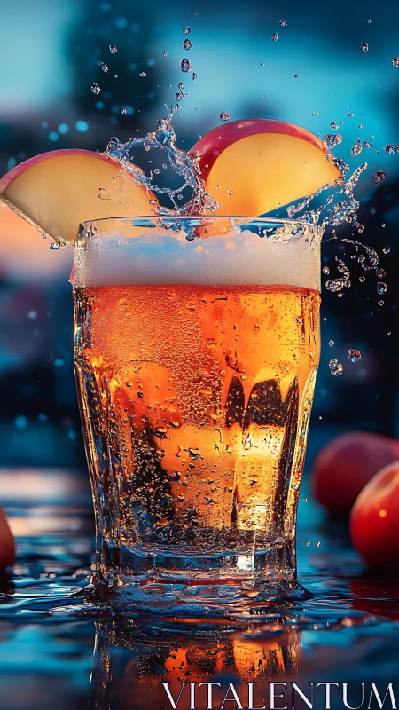Carbonated Beverage Splash with Suspended Citrus Fruits Against Blue Background