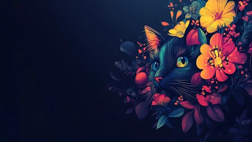 Vibrant Floral Cat Portrait Against Dark Background.