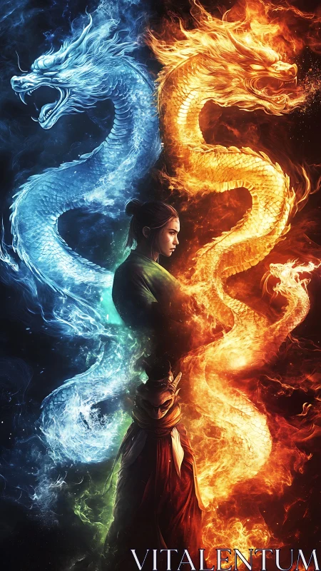 Twin elemental dragons circling a resolute flame-tamer.