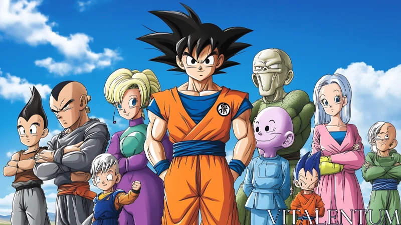 Anime warrior group lineup under bright blue sky.