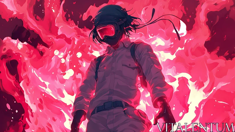 Neon-helmeted figure amid erupting crimson energy storm.