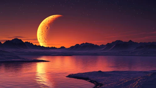 Moonrise glows warmly above tranquil alien mountain shores