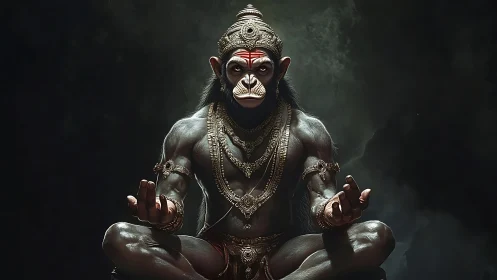 Storm-lit simian deity in meditative, battle-ready stillness.