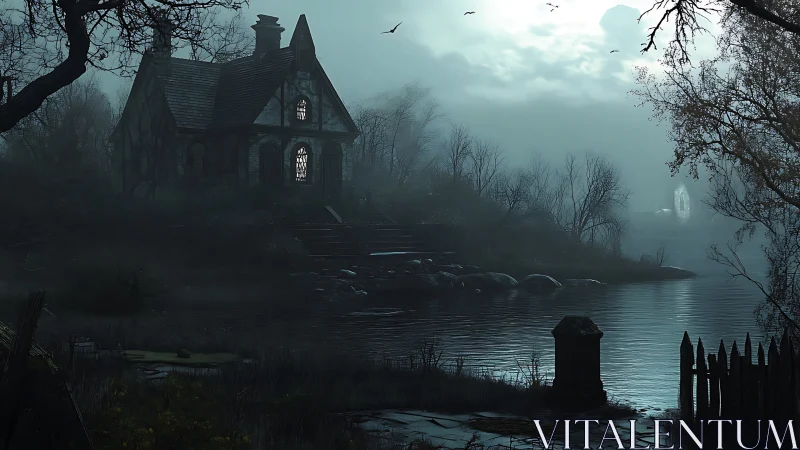 Old lakeside house in fog with bare trees and waterway.