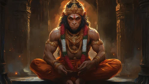 Seated anthropomorphic monkey figure in ornate temple interior