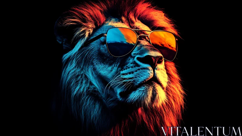 Neon gradient lion portrait with mirrored sunglasses on black