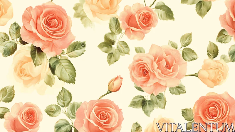 Coral and Peach Roses on Cream Floral Pattern.
