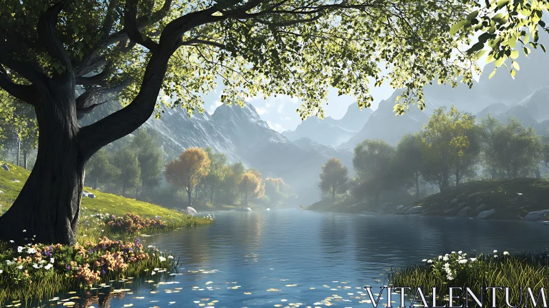 Serene alpine river valley rendered in luminous digital realism