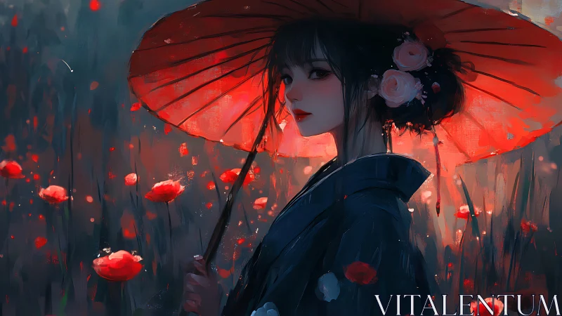 Woman with red parasol in stylized poppy field at dusk.