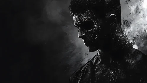 Shadowed warrior dissolves into smoke and cracked darkness.