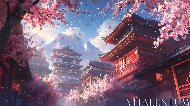 Sunlit Japanese pagodas rise amid dense spring cherry blossoms