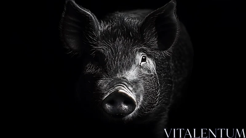 High-contrast frontal portrait of wild boar in chiaroscuro lighting.
