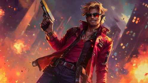 Smirking gunslinger strolling through neon city firestorm.