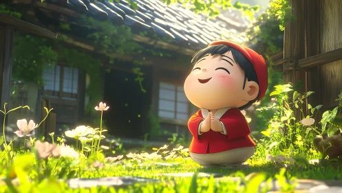 Smiling child character in sunny garden courtyard scene.
