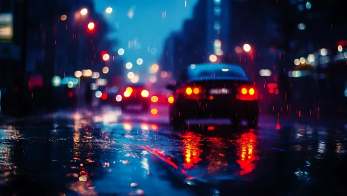 Car tail lights reflecting on wet city street at night.
