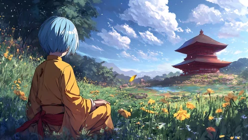 Monastic observer in floral meadow facing tiered pagoda under cumulus sky.