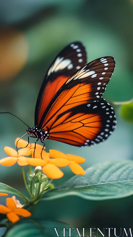 Orange butterfly on small yellow flowers in soft green garden.