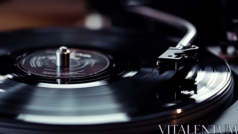 Vinyl record spins under precision tonearm, glossy grooves.