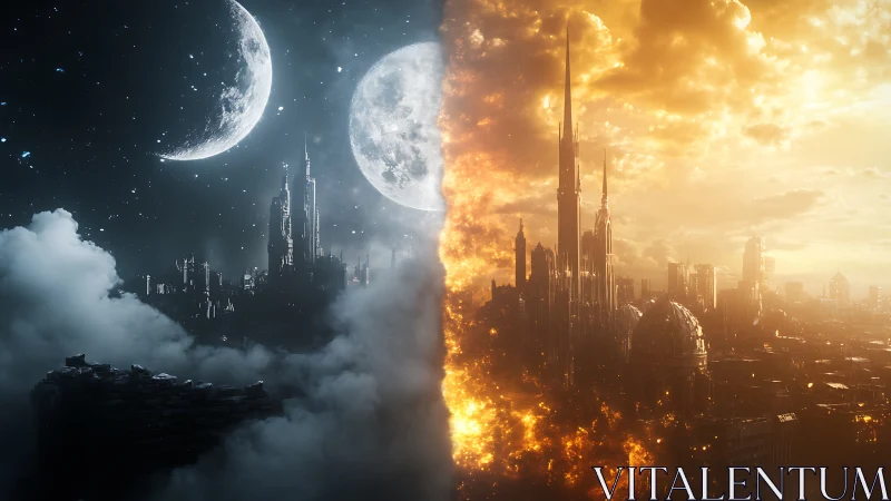 Bifurcated celestial megacity under lunar night and solar fire