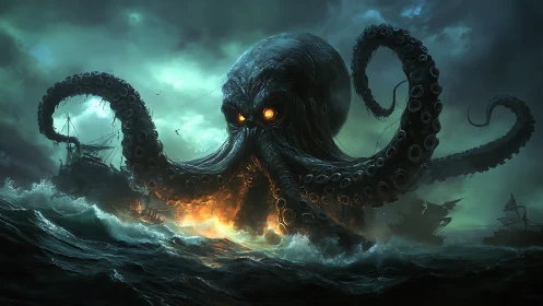 Colossal sea monster attacks burning ships at night.