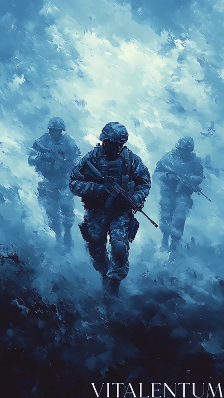 Three armed soldiers advance through abstract blue terrain