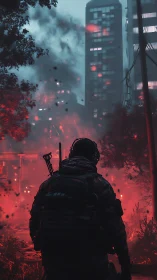 Lone urban ranger walks through crimson fallout haze.