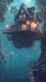 Moonlit floating cottage glows above a tranquil mystic lake