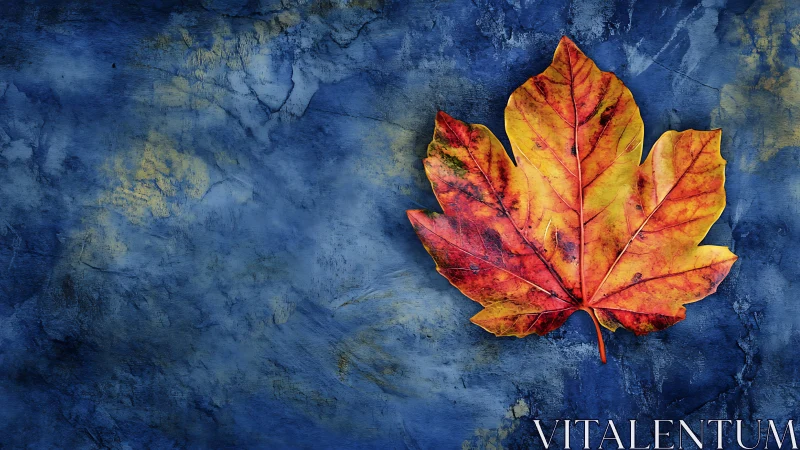 Golden maple leaf resting softly on deep blue stone.