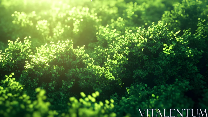 Lush Green Pixelated Forest Under Sunlight, Digital Art Style.