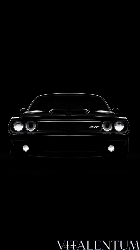 Muscle car front silhouette emerges from deep black void