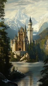 Fairytale mountain castle glowing beside a tranquil river.