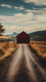 Red barn crowns a long gravel lane at golden sunset.