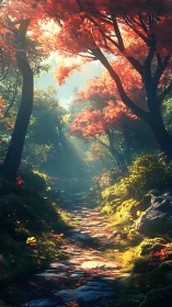 Volumetric Light Rendering Through Autumn Forest Canopy with Dramatic Directional Illumination