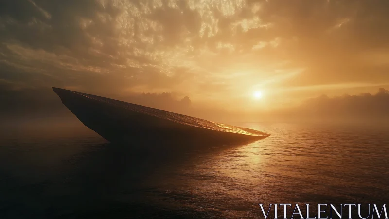 Abandoned boat silhouetted against golden sunrise over misty waters