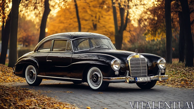 Vintage black coupe stands on autumn forest lane at dusk