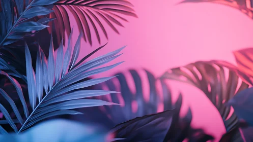 Neon tropical leaves glow against smooth pink gradient backdrop.