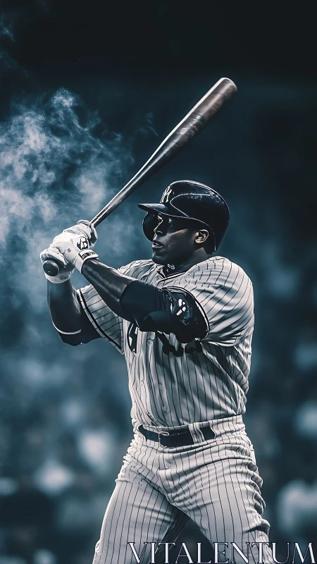 Baseball batter prepares to swing under stadium lights.