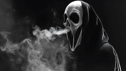 Hooded skull figure exhales dense vapor into dark space