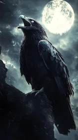 Midnight raven cries beneath full moonlit storm sky.