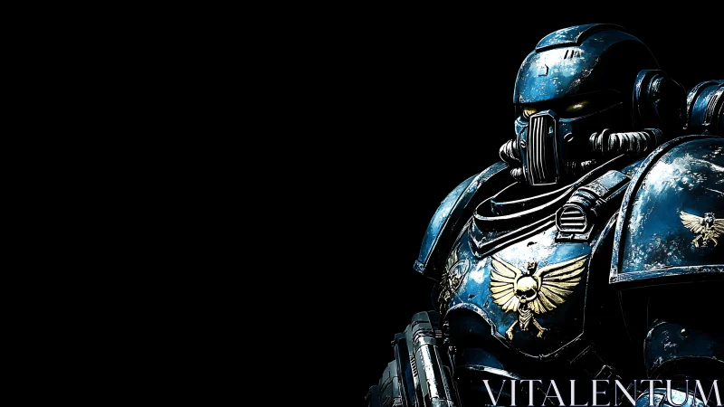 Stoic blue space warrior waiting on the edge of darkness.