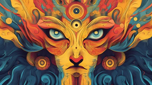 Mythic feline mask radiates swirling psychedelic energy